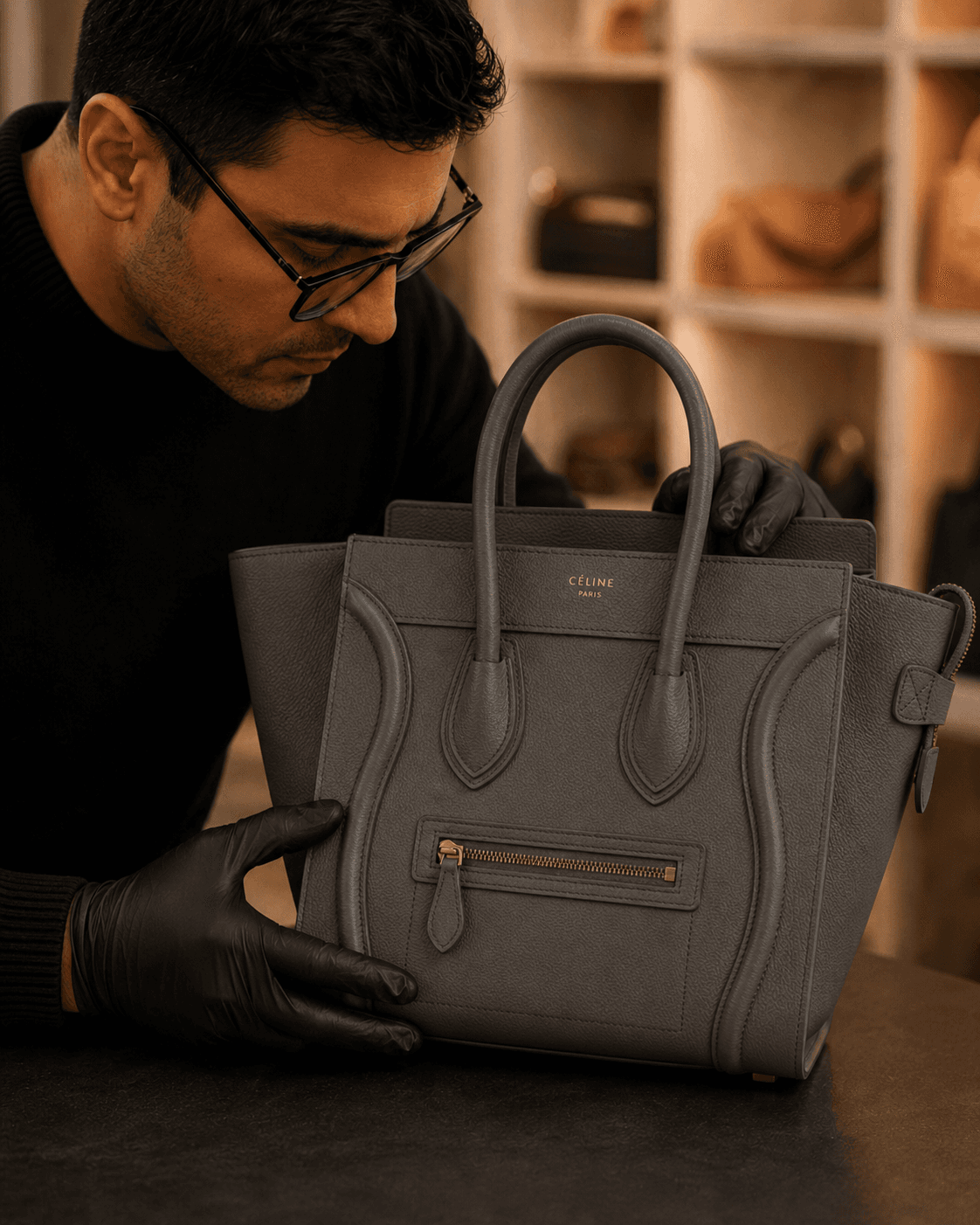 Tezoor authentication expert inspecting a luxury handbag